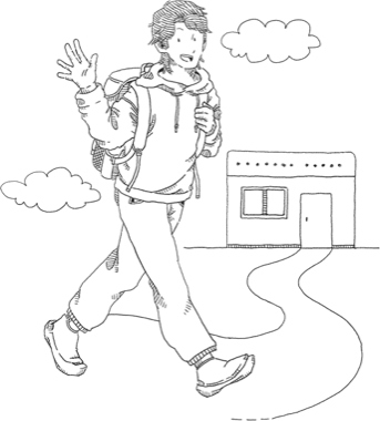 建物に向かって歩いていくイラスト
