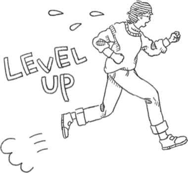 「LEVEL UP」と駆け出す人のイラスト