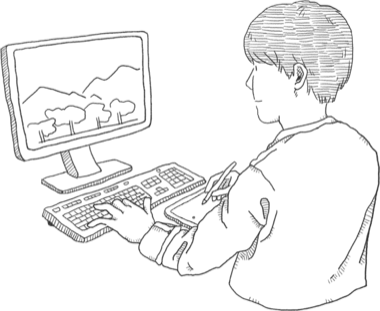 パソコンに向かって制作する人のイラスト